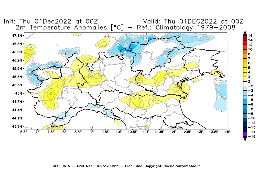 Mappa di analisi GFS - Anomalia Temperatura [°C] a 2 m in Nord-Italia
							del 01/12/2022 00 <!--googleoff: index-->UTC<!--googleon: index-->