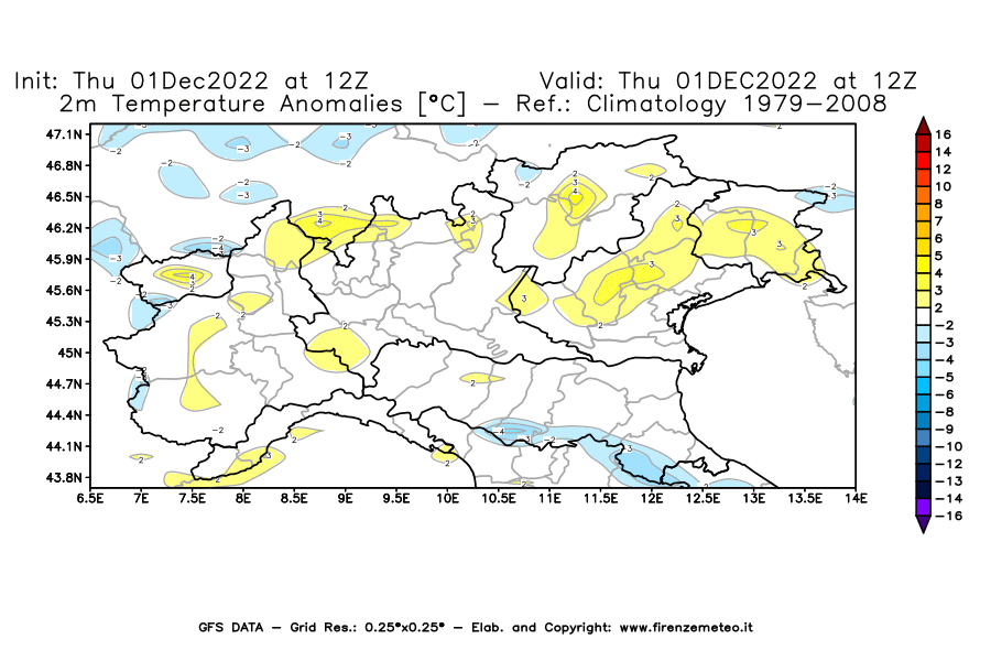 Mappa di analisi GFS - Anomalia Temperatura [°C] a 2 m in Nord-Italia
							del 01/12/2022 12 <!--googleoff: index-->UTC<!--googleon: index-->