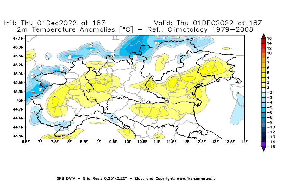 Mappa di analisi GFS - Anomalia Temperatura [°C] a 2 m in Nord-Italia
							del 01/12/2022 18 <!--googleoff: index-->UTC<!--googleon: index-->