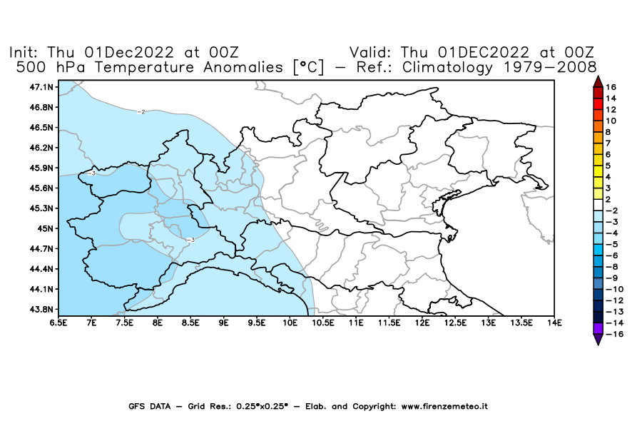 Mappa di analisi GFS - Anomalia Temperatura [°C] a 500 hPa in Nord-Italia
							del 01/12/2022 00 <!--googleoff: index-->UTC<!--googleon: index-->