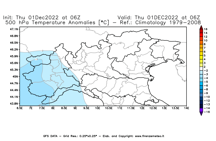 Mappa di analisi GFS - Anomalia Temperatura [°C] a 500 hPa in Nord-Italia
							del 01/12/2022 06 <!--googleoff: index-->UTC<!--googleon: index-->