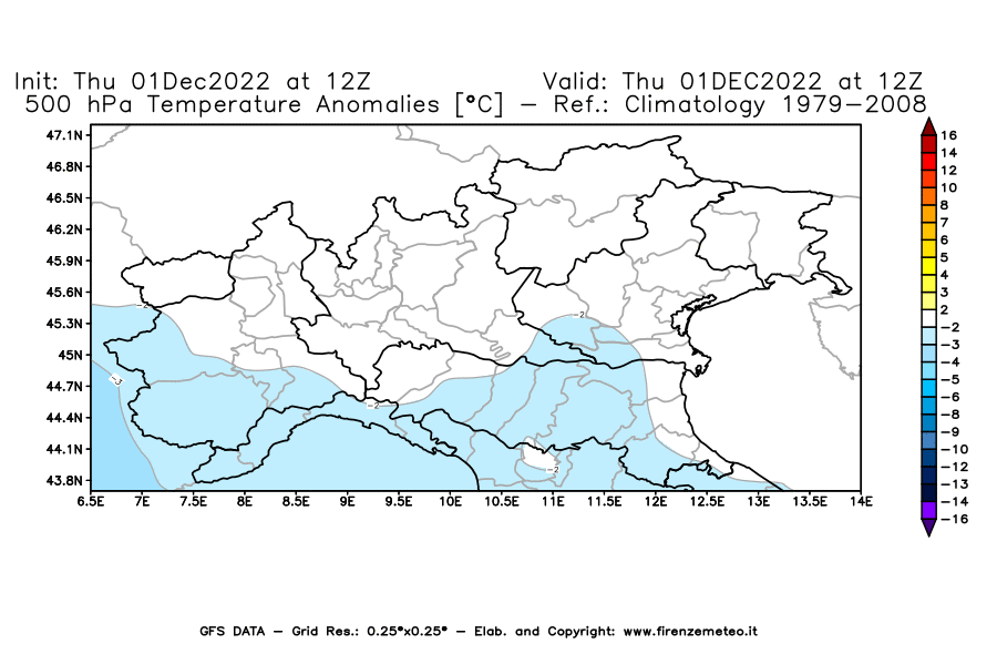Mappa di analisi GFS - Anomalia Temperatura [°C] a 500 hPa in Nord-Italia
							del 01/12/2022 12 <!--googleoff: index-->UTC<!--googleon: index-->