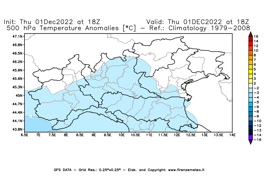 Mappa di analisi GFS - Anomalia Temperatura [°C] a 500 hPa in Nord-Italia
							del 01/12/2022 18 <!--googleoff: index-->UTC<!--googleon: index-->