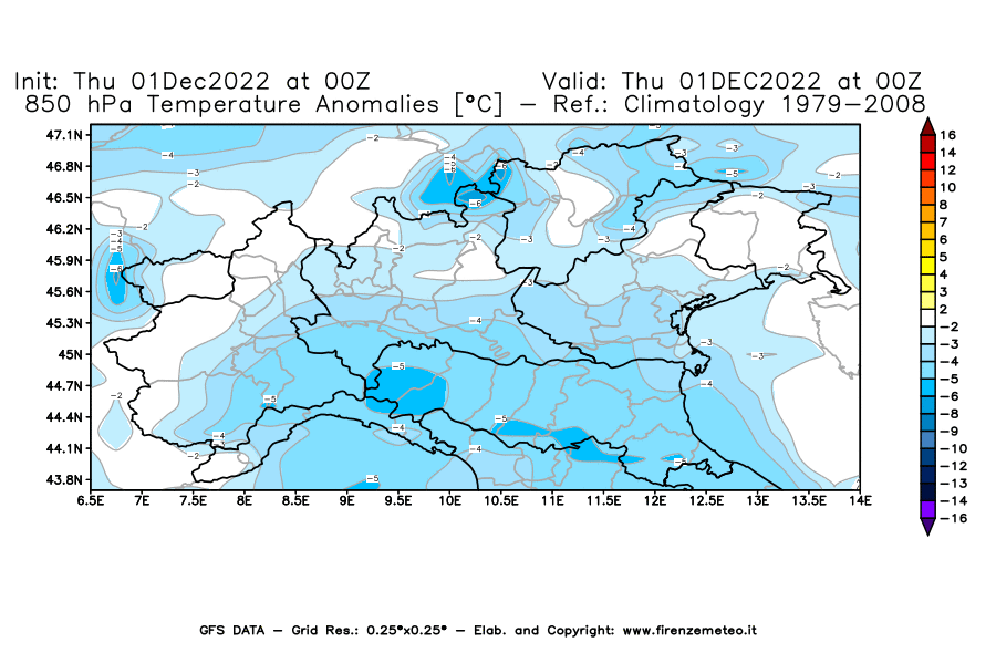 Mappa di analisi GFS - Anomalia Temperatura [°C] a 850 hPa in Nord-Italia
							del 01/12/2022 00 <!--googleoff: index-->UTC<!--googleon: index-->