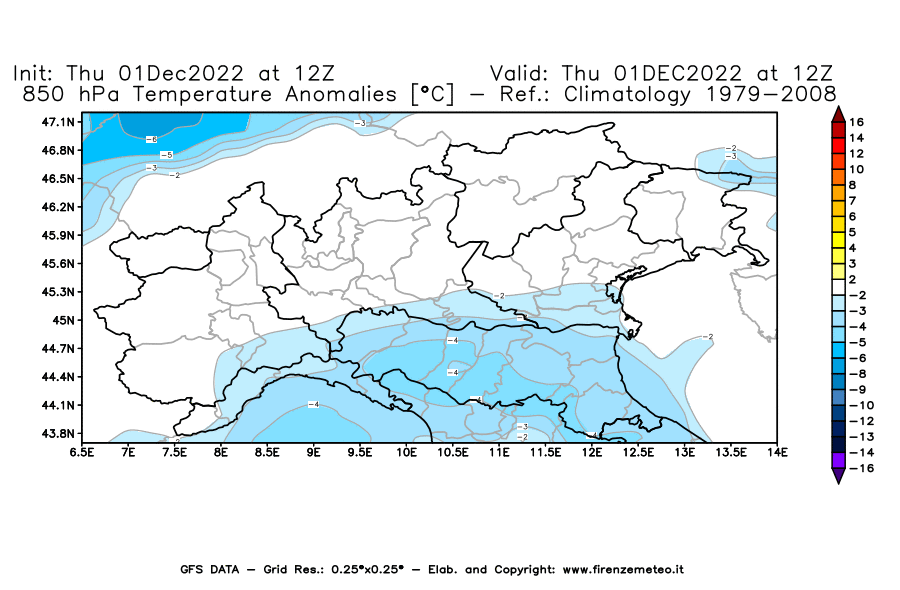 Mappa di analisi GFS - Anomalia Temperatura [°C] a 850 hPa in Nord-Italia
							del 01/12/2022 12 <!--googleoff: index-->UTC<!--googleon: index-->