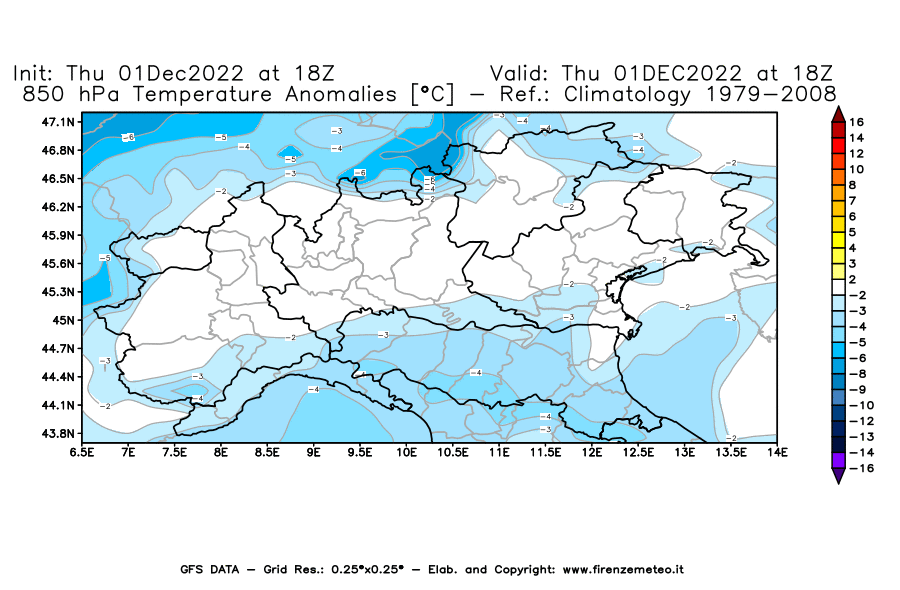 Mappa di analisi GFS - Anomalia Temperatura [°C] a 850 hPa in Nord-Italia
							del 01/12/2022 18 <!--googleoff: index-->UTC<!--googleon: index-->