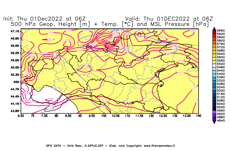 Mappa di analisi GFS - Geopotenziale [m] + Temp. [°C] a 500 hPa + Press. a livello del mare [hPa] in Nord-Italia
							del 01/12/2022 06 <!--googleoff: index-->UTC<!--googleon: index-->