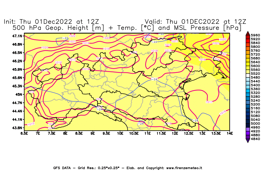 Mappa di analisi GFS - Geopotenziale [m] + Temp. [°C] a 500 hPa + Press. a livello del mare [hPa] in Nord-Italia
							del 01/12/2022 12 <!--googleoff: index-->UTC<!--googleon: index-->
