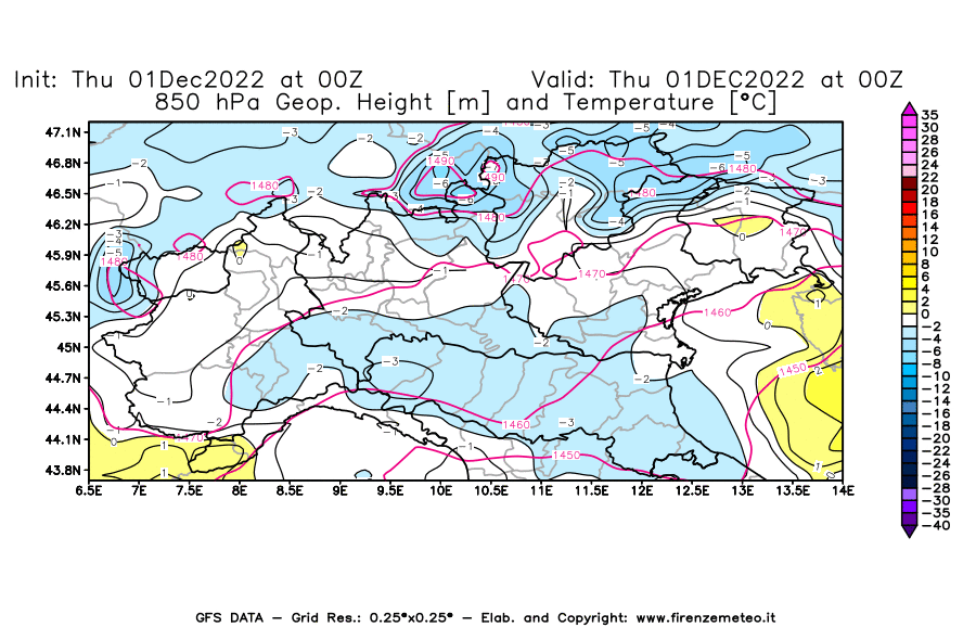 Mappa di analisi GFS - Geopotenziale [m] e Temperatura [°C] a 850 hPa in Nord-Italia
							del 01/12/2022 00 <!--googleoff: index-->UTC<!--googleon: index-->