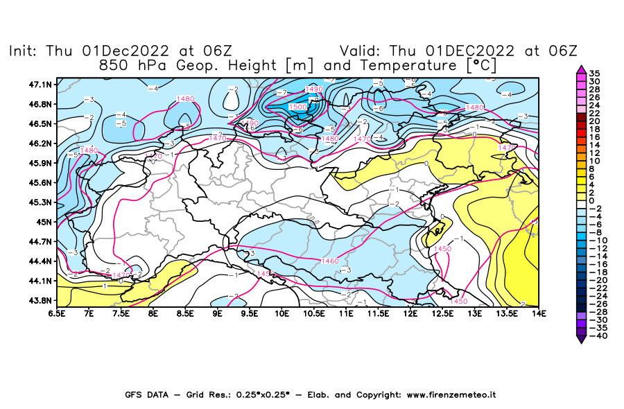 Mappa di analisi GFS - Geopotenziale [m] e Temperatura [°C] a 850 hPa in Nord-Italia
							del 01/12/2022 06 <!--googleoff: index-->UTC<!--googleon: index-->