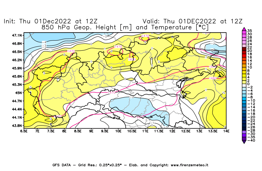 Mappa di analisi GFS - Geopotenziale [m] e Temperatura [°C] a 850 hPa in Nord-Italia
							del 01/12/2022 12 <!--googleoff: index-->UTC<!--googleon: index-->