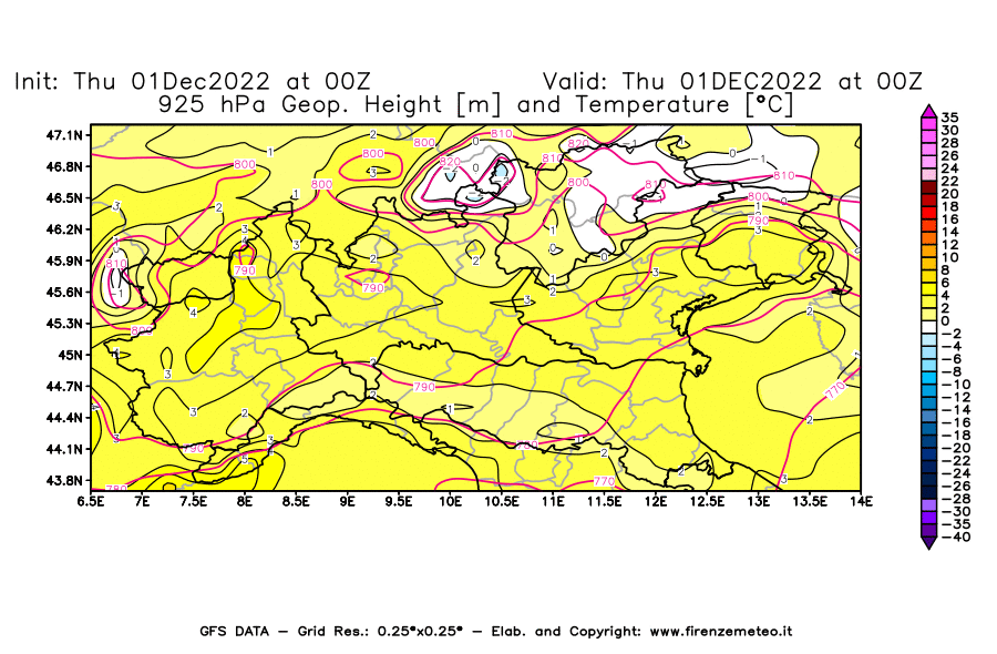 Mappa di analisi GFS - Geopotenziale [m] e Temperatura [°C] a 925 hPa in Nord-Italia
							del 01/12/2022 00 <!--googleoff: index-->UTC<!--googleon: index-->
