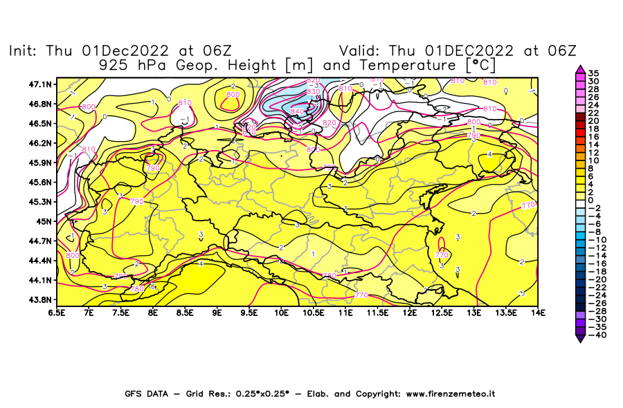 Mappa di analisi GFS - Geopotenziale [m] e Temperatura [°C] a 925 hPa in Nord-Italia
							del 01/12/2022 06 <!--googleoff: index-->UTC<!--googleon: index-->