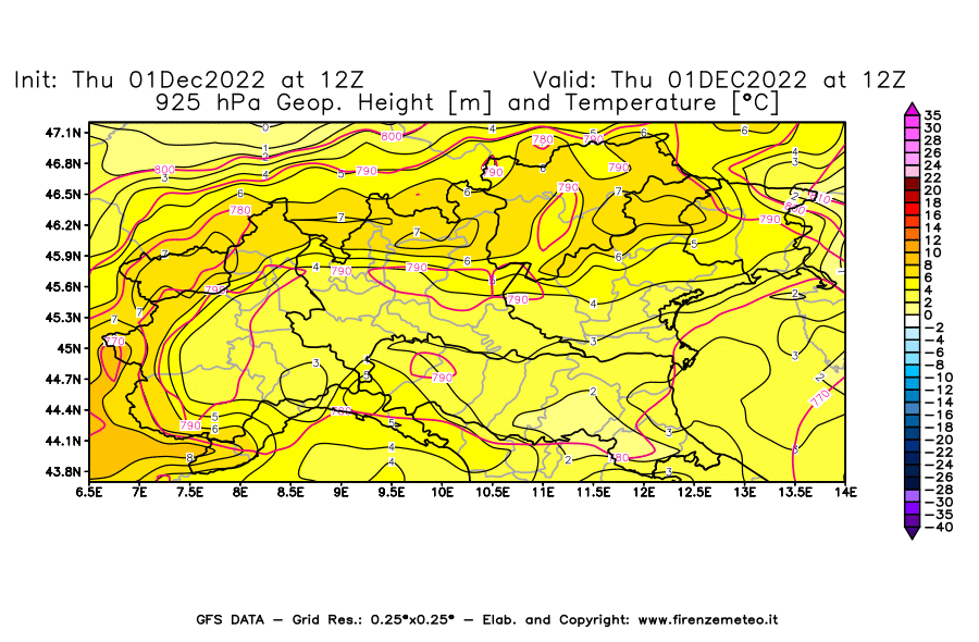 Mappa di analisi GFS - Geopotenziale [m] e Temperatura [°C] a 925 hPa in Nord-Italia
							del 01/12/2022 12 <!--googleoff: index-->UTC<!--googleon: index-->
