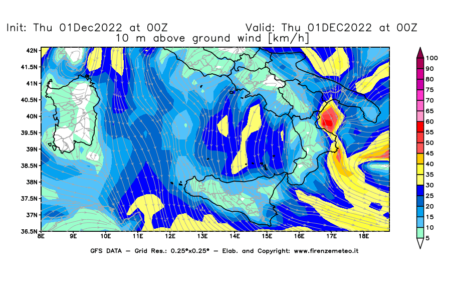 Mappa di analisi GFS - Velocità del vento a 10 metri dal suolo [km/h] in Sud-Italia
							del 01/12/2022 00 <!--googleoff: index-->UTC<!--googleon: index-->