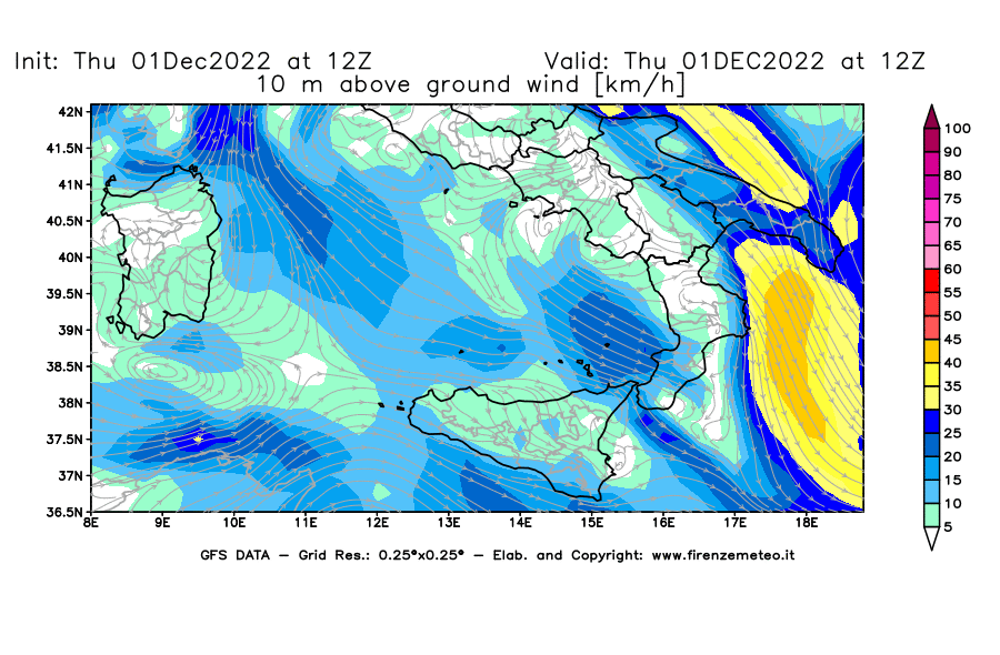 Mappa di analisi GFS - Velocità del vento a 10 metri dal suolo [km/h] in Sud-Italia
							del 01/12/2022 12 <!--googleoff: index-->UTC<!--googleon: index-->
