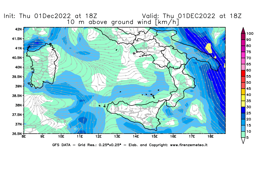 Mappa di analisi GFS - Velocità del vento a 10 metri dal suolo [km/h] in Sud-Italia
							del 01/12/2022 18 <!--googleoff: index-->UTC<!--googleon: index-->