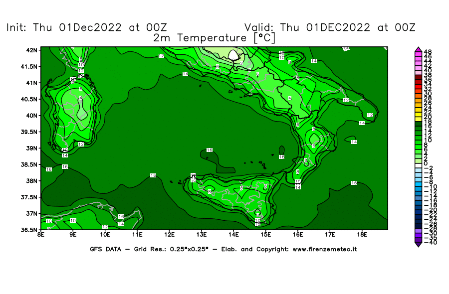 Mappa di analisi GFS - Temperatura a 2 metri dal suolo [°C] in Sud-Italia
							del 01/12/2022 00 <!--googleoff: index-->UTC<!--googleon: index-->