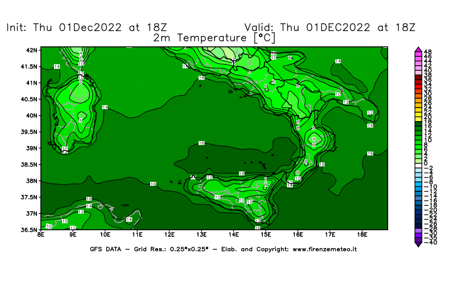 Mappa di analisi GFS - Temperatura a 2 metri dal suolo [°C] in Sud-Italia
							del 01/12/2022 18 <!--googleoff: index-->UTC<!--googleon: index-->