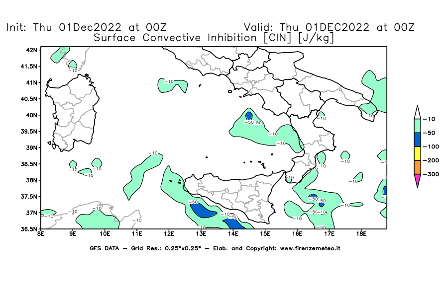 Mappa di analisi GFS - CIN [J/kg] in Sud-Italia
							del 01/12/2022 00 <!--googleoff: index-->UTC<!--googleon: index-->