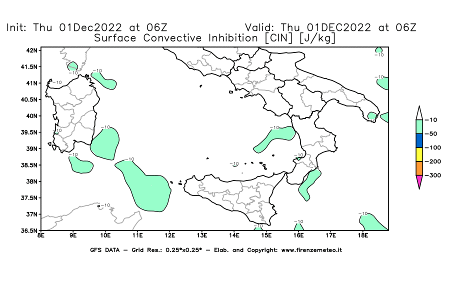 Mappa di analisi GFS - CIN [J/kg] in Sud-Italia
							del 01/12/2022 06 <!--googleoff: index-->UTC<!--googleon: index-->