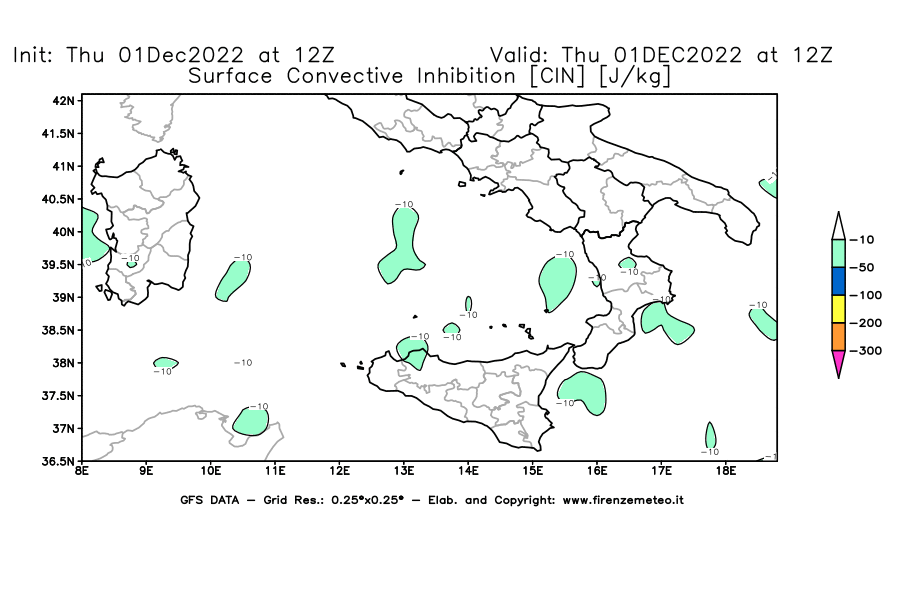Mappa di analisi GFS - CIN [J/kg] in Sud-Italia
							del 01/12/2022 12 <!--googleoff: index-->UTC<!--googleon: index-->