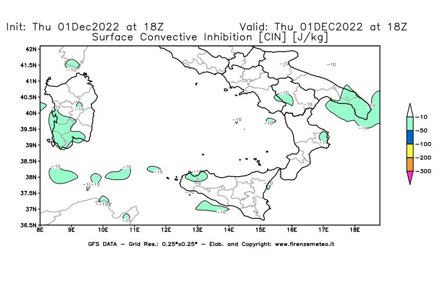 Mappa di analisi GFS - CIN [J/kg] in Sud-Italia
							del 01/12/2022 18 <!--googleoff: index-->UTC<!--googleon: index-->