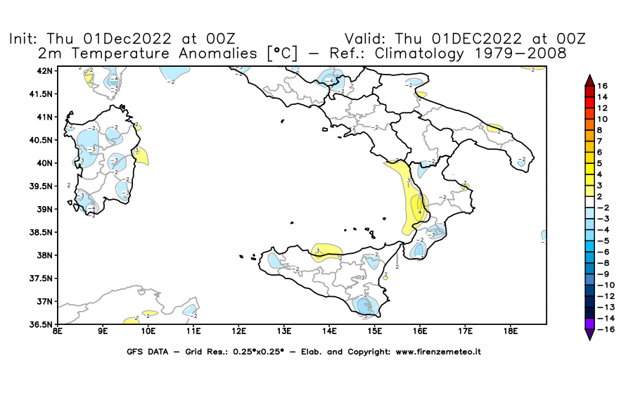 Mappa di analisi GFS - Anomalia Temperatura [°C] a 2 m in Sud-Italia
							del 01/12/2022 00 <!--googleoff: index-->UTC<!--googleon: index-->