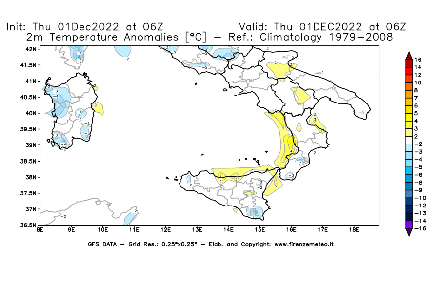 Mappa di analisi GFS - Anomalia Temperatura [°C] a 2 m in Sud-Italia
							del 01/12/2022 06 <!--googleoff: index-->UTC<!--googleon: index-->