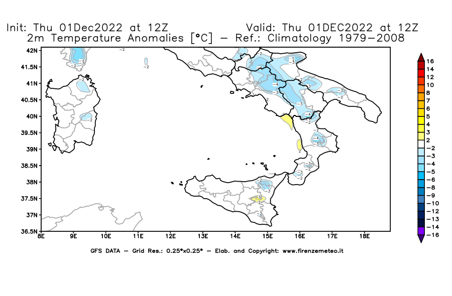 Mappa di analisi GFS - Anomalia Temperatura [°C] a 2 m in Sud-Italia
							del 01/12/2022 12 <!--googleoff: index-->UTC<!--googleon: index-->