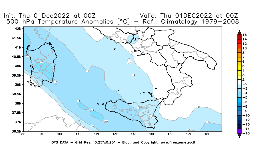 Mappa di analisi GFS - Anomalia Temperatura [°C] a 500 hPa in Sud-Italia
							del 01/12/2022 00 <!--googleoff: index-->UTC<!--googleon: index-->
