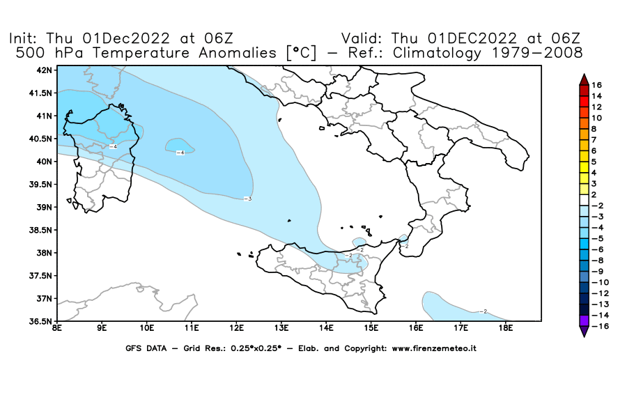 Mappa di analisi GFS - Anomalia Temperatura [°C] a 500 hPa in Sud-Italia
							del 01/12/2022 06 <!--googleoff: index-->UTC<!--googleon: index-->