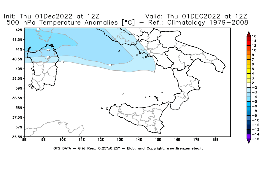 Mappa di analisi GFS - Anomalia Temperatura [°C] a 500 hPa in Sud-Italia
							del 01/12/2022 12 <!--googleoff: index-->UTC<!--googleon: index-->