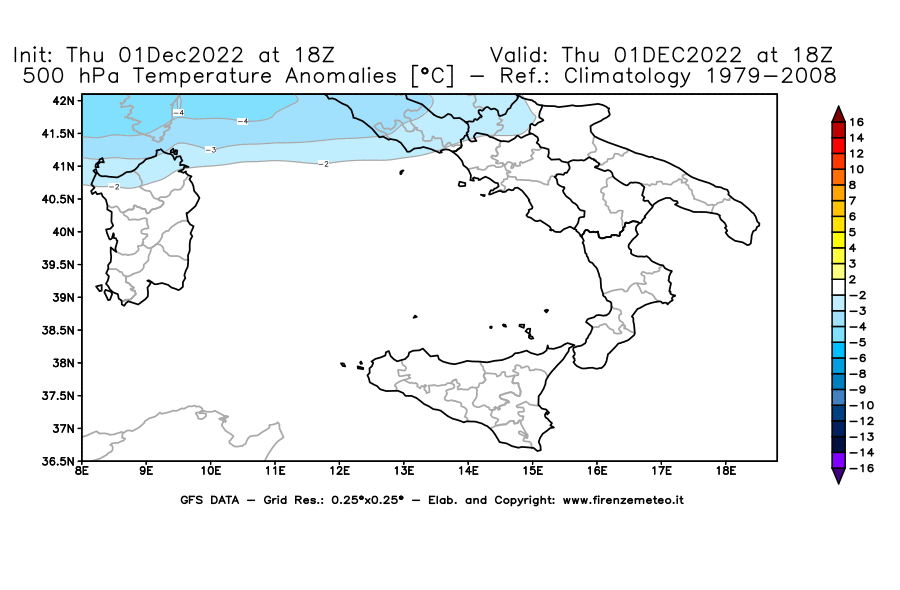 Mappa di analisi GFS - Anomalia Temperatura [°C] a 500 hPa in Sud-Italia
							del 01/12/2022 18 <!--googleoff: index-->UTC<!--googleon: index-->