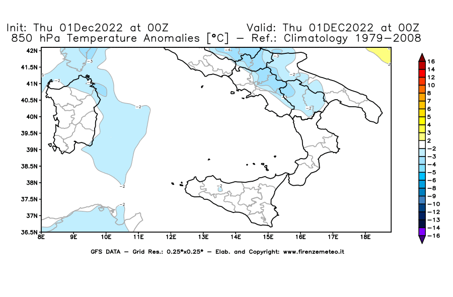 Mappa di analisi GFS - Anomalia Temperatura [°C] a 850 hPa in Sud-Italia
							del 01/12/2022 00 <!--googleoff: index-->UTC<!--googleon: index-->
