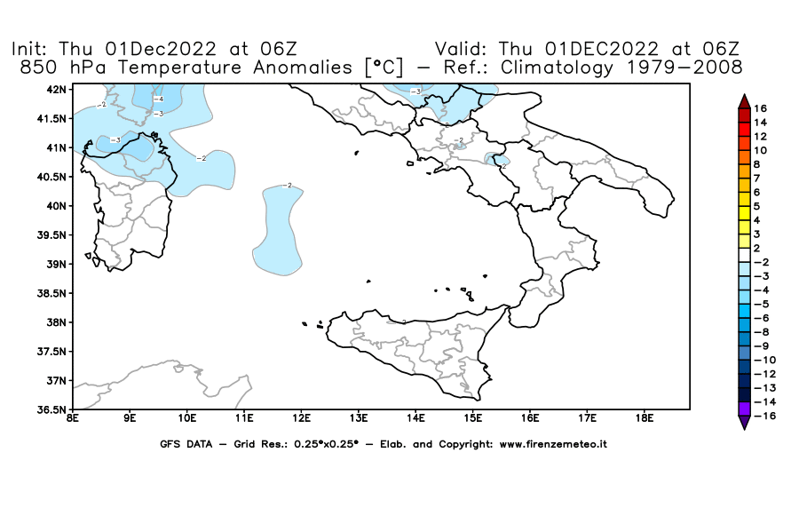 Mappa di analisi GFS - Anomalia Temperatura [°C] a 850 hPa in Sud-Italia
							del 01/12/2022 06 <!--googleoff: index-->UTC<!--googleon: index-->