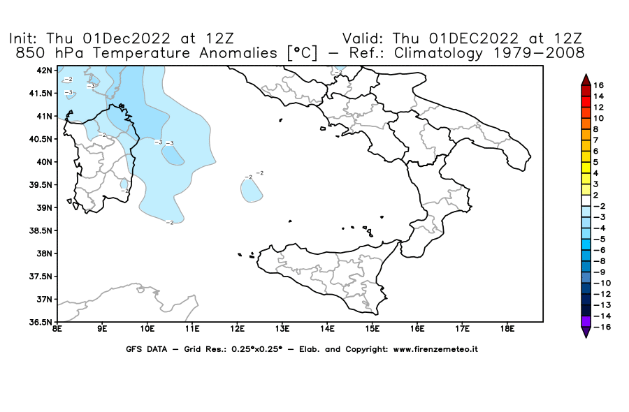 Mappa di analisi GFS - Anomalia Temperatura [°C] a 850 hPa in Sud-Italia
							del 01/12/2022 12 <!--googleoff: index-->UTC<!--googleon: index-->