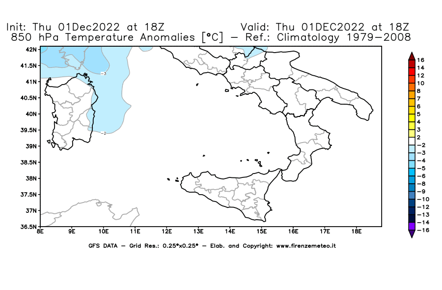 Mappa di analisi GFS - Anomalia Temperatura [°C] a 850 hPa in Sud-Italia
							del 01/12/2022 18 <!--googleoff: index-->UTC<!--googleon: index-->