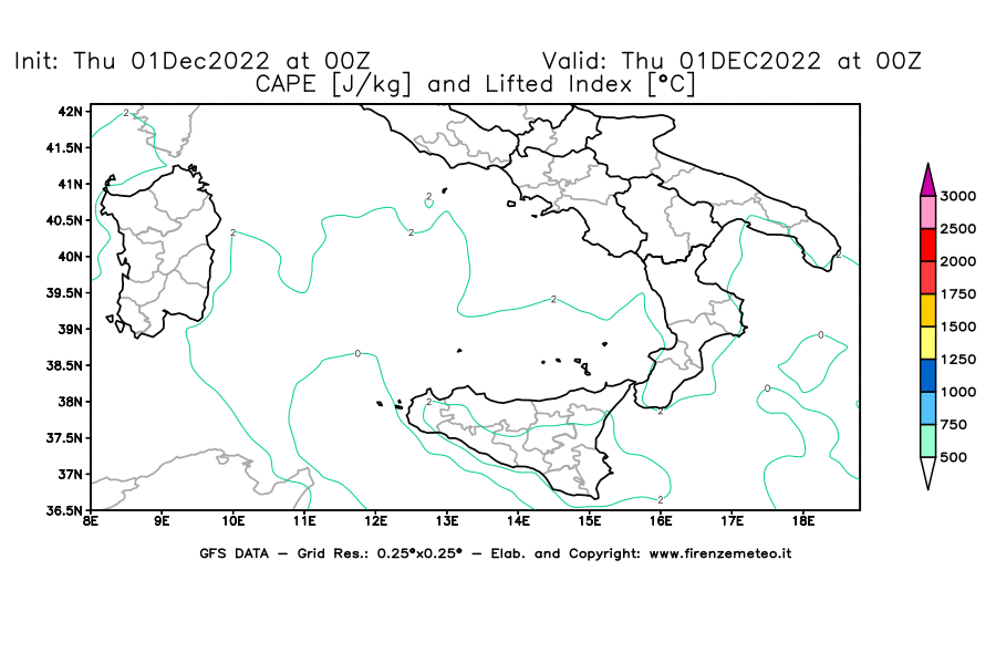 Mappa di analisi GFS - CAPE [J/kg] e Lifted Index [°C] in Sud-Italia
							del 01/12/2022 00 <!--googleoff: index-->UTC<!--googleon: index-->
