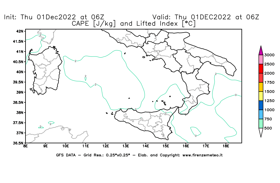 Mappa di analisi GFS - CAPE [J/kg] e Lifted Index [°C] in Sud-Italia
							del 01/12/2022 06 <!--googleoff: index-->UTC<!--googleon: index-->