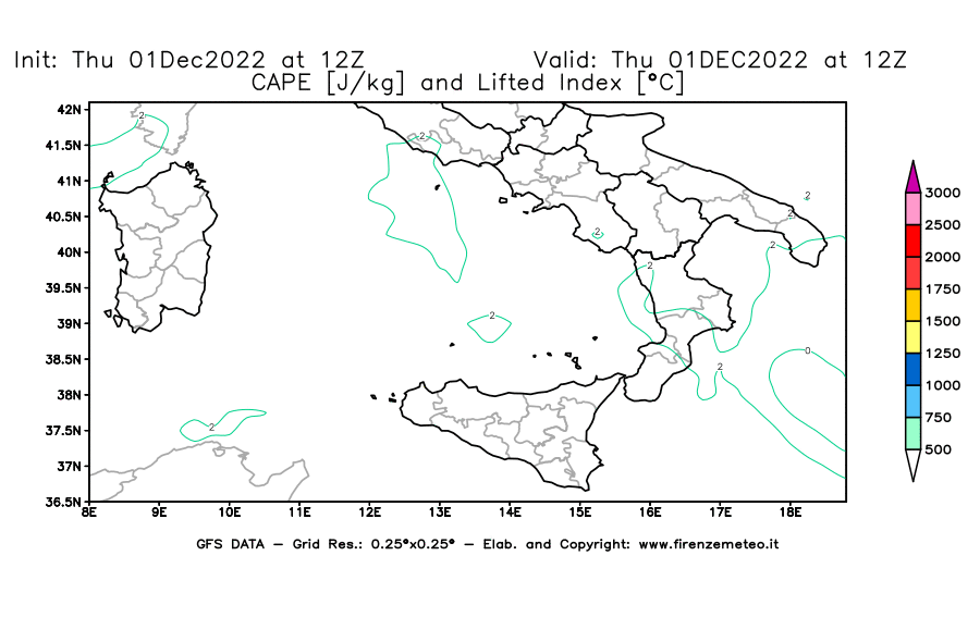 Mappa di analisi GFS - CAPE [J/kg] e Lifted Index [°C] in Sud-Italia
							del 01/12/2022 12 <!--googleoff: index-->UTC<!--googleon: index-->