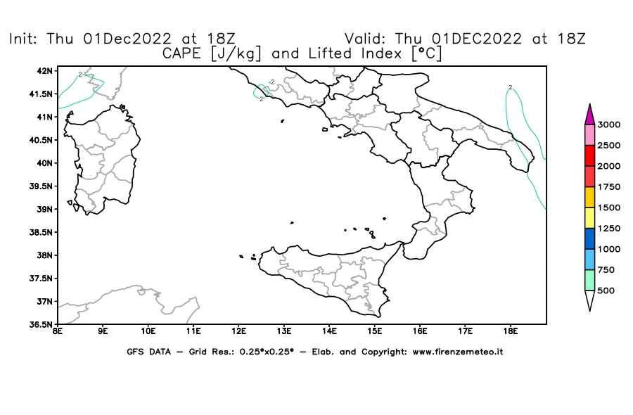 Mappa di analisi GFS - CAPE [J/kg] e Lifted Index [°C] in Sud-Italia
							del 01/12/2022 18 <!--googleoff: index-->UTC<!--googleon: index-->