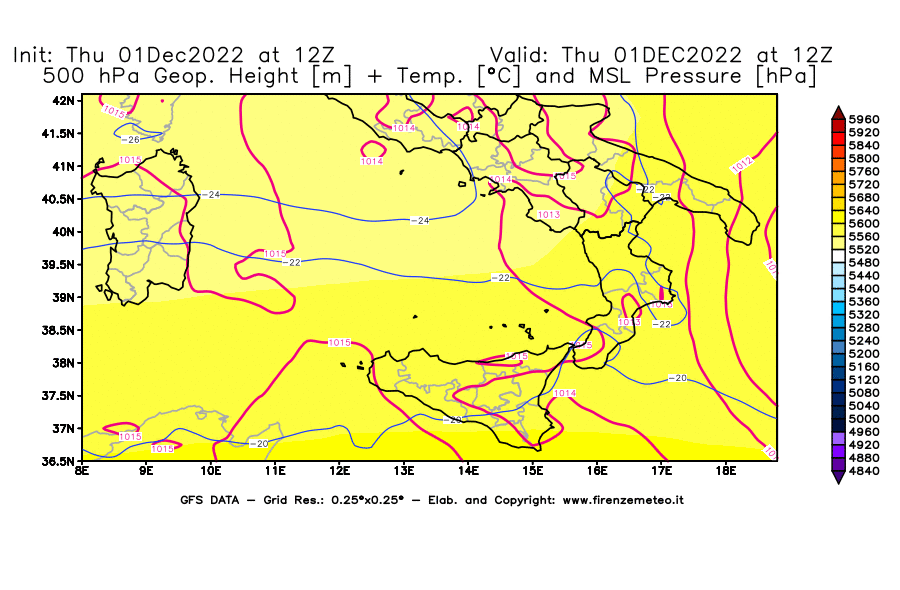 Mappa di analisi GFS - Geopotenziale [m] + Temp. [°C] a 500 hPa + Press. a livello del mare [hPa] in Sud-Italia
							del 01/12/2022 12 <!--googleoff: index-->UTC<!--googleon: index-->