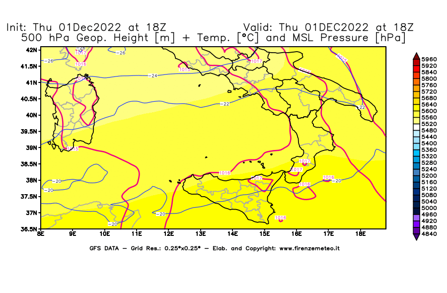 Mappa di analisi GFS - Geopotenziale [m] + Temp. [°C] a 500 hPa + Press. a livello del mare [hPa] in Sud-Italia
							del 01/12/2022 18 <!--googleoff: index-->UTC<!--googleon: index-->