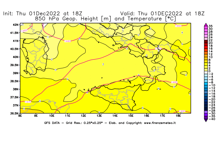 Mappa di analisi GFS - Geopotenziale [m] e Temperatura [°C] a 850 hPa in Sud-Italia
							del 01/12/2022 18 <!--googleoff: index-->UTC<!--googleon: index-->
