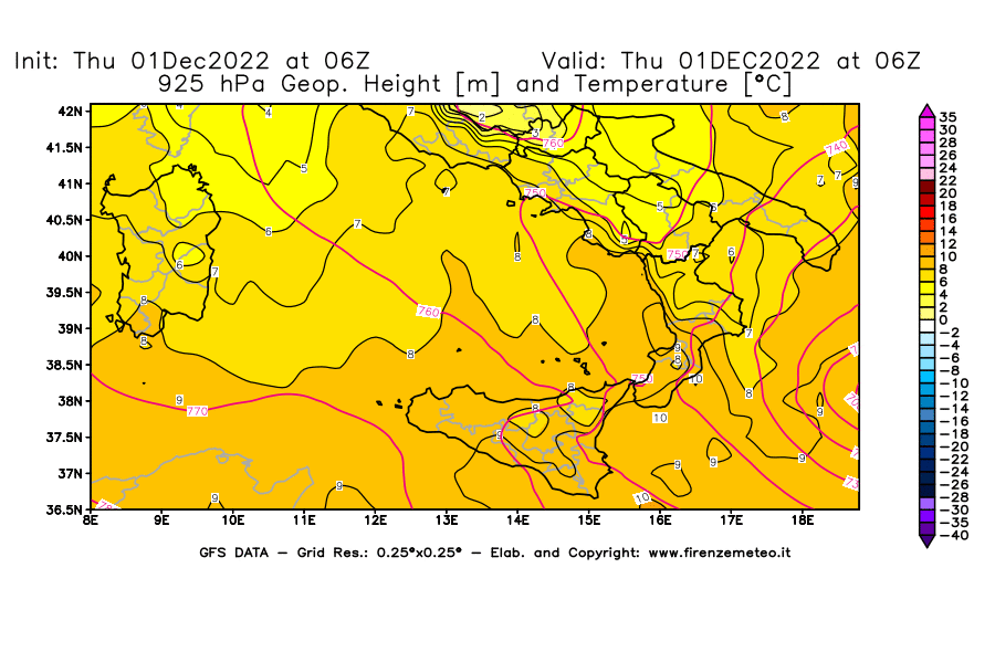 Mappa di analisi GFS - Geopotenziale [m] e Temperatura [°C] a 925 hPa in Sud-Italia
							del 01/12/2022 06 <!--googleoff: index-->UTC<!--googleon: index-->