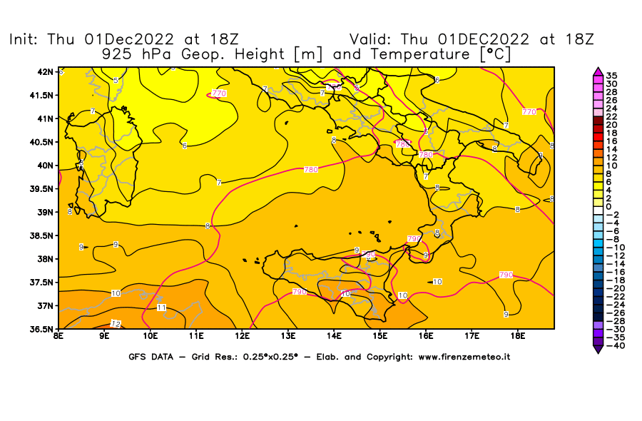 Mappa di analisi GFS - Geopotenziale [m] e Temperatura [°C] a 925 hPa in Sud-Italia
							del 01/12/2022 18 <!--googleoff: index-->UTC<!--googleon: index-->