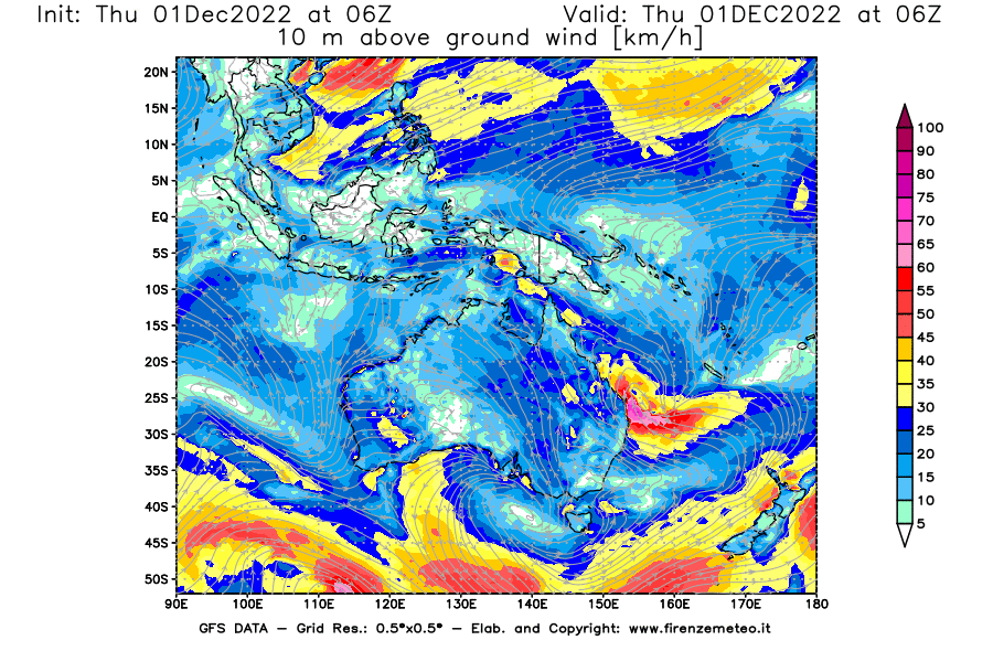 Mappa di analisi GFS - Velocità del vento a 10 metri dal suolo [km/h] in Oceania
							del 01/12/2022 06 <!--googleoff: index-->UTC<!--googleon: index-->
