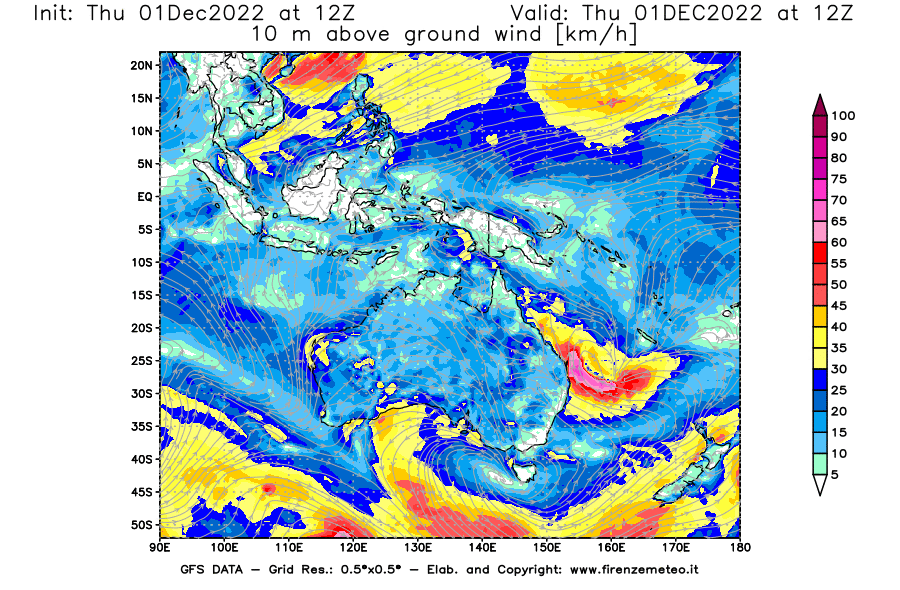 Mappa di analisi GFS - Velocità del vento a 10 metri dal suolo [km/h] in Oceania
							del 01/12/2022 12 <!--googleoff: index-->UTC<!--googleon: index-->