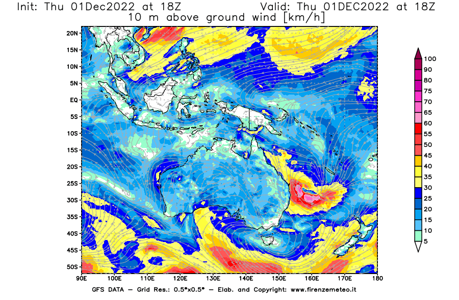Mappa di analisi GFS - Velocità del vento a 10 metri dal suolo [km/h] in Oceania
							del 01/12/2022 18 <!--googleoff: index-->UTC<!--googleon: index-->